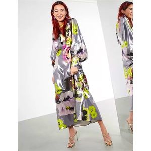 ASOS EDITION blouson sleeve midi dress in silver metallic floral print size US 8